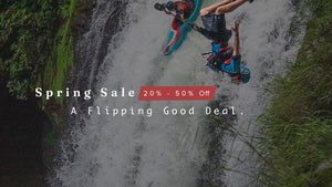 Kayaker running a waterfall and another paddler doing a backflip off of a cliff with text announcing a sale on immersion research gear.