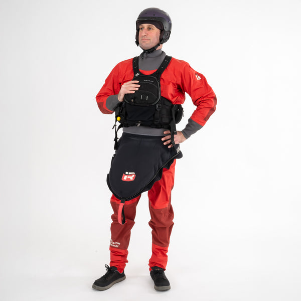Person wearing Immersion Research 7Figure Dry Suit with kayaking gear on
