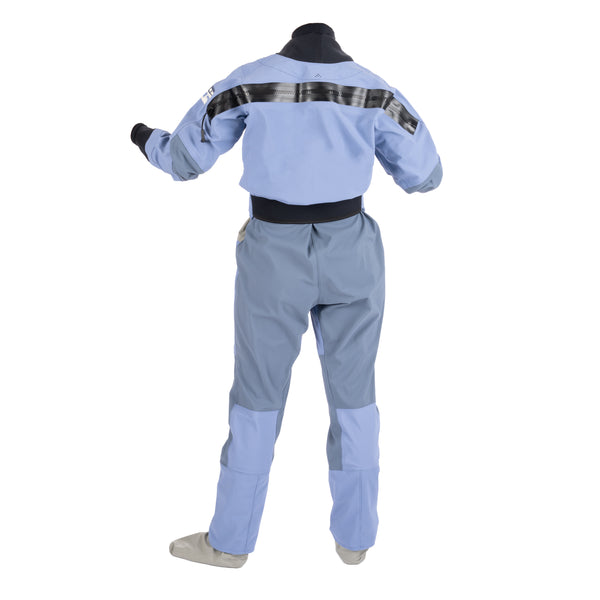 back side view of Immersion Research Sahalie Dry Suit in Wisteria on white background