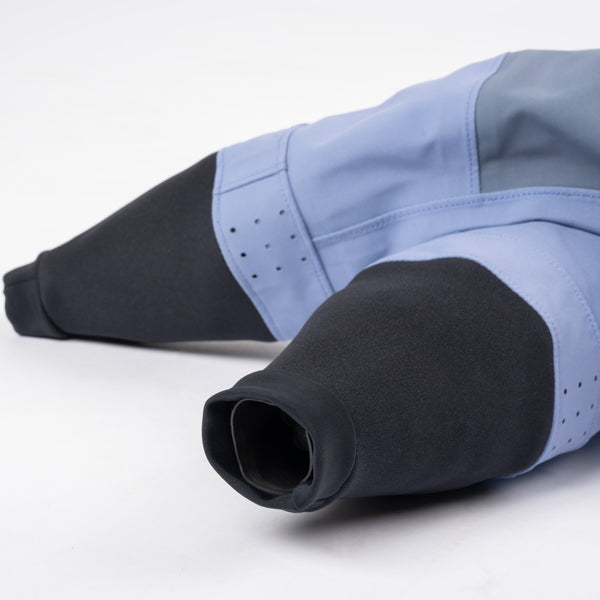 Close up view of neoprene cuffs of Immersion Research Sahalie Dry Suit in Wisteria