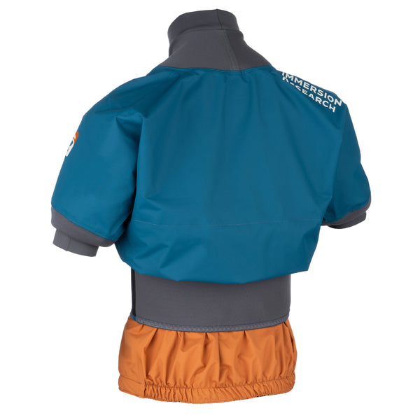 The backside view of short-sleeve paddle jacket in teal blue with neoprene neck and bicep gaskets and an orange tunnel displayed against a white background.