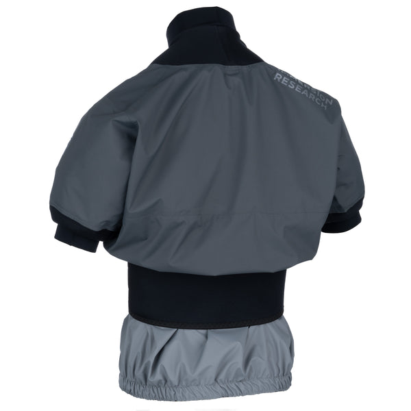 The backside view of short-sleeve paddle jacket in dark grey with neoprene neck and bicep gaskets and a lighter grey tunnel displayed against a white background.