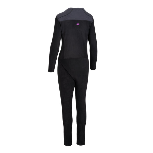 A black full-body fleece suit with long sleeves and long pants, featuring a contrasting neoprene neck panel displayed on a solid white background.