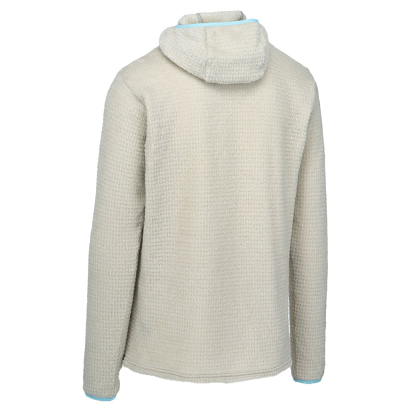 Beige fleece jacket with a hood on a white background