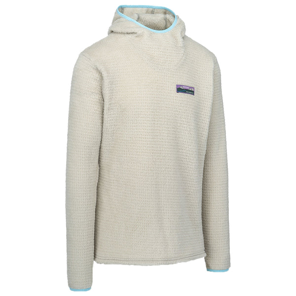 Beige fleece pullover with a brand logo on a white background