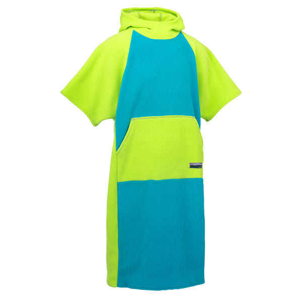 Color-blocked poncho with green and blue sections on a white background