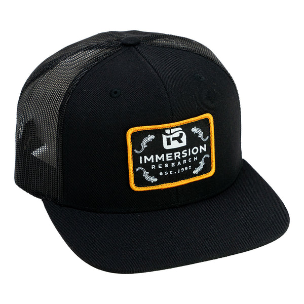 Black mesh 5 panel hat with an embroidered patch that says Immersion Research.