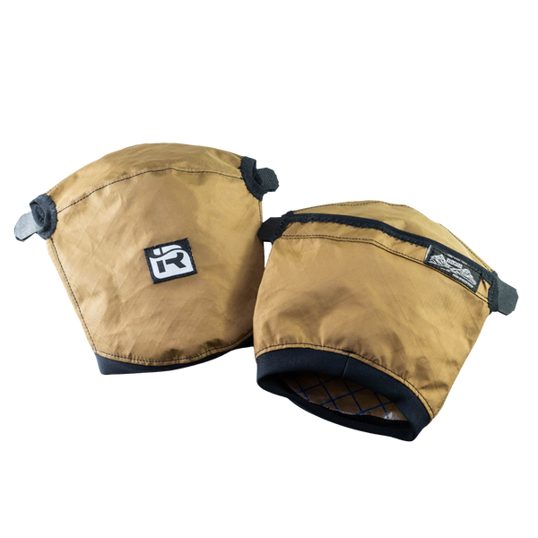 Pair of brown pogies with black straps and visible brand logo on a white background