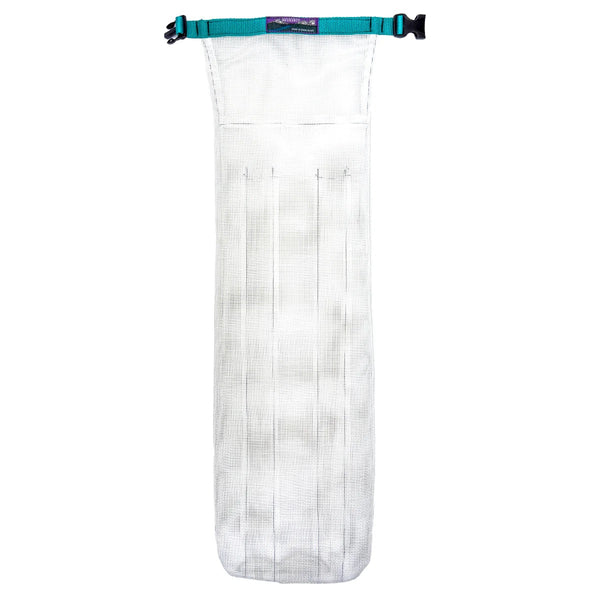 Clear plastic bag with a blue strap on a white background