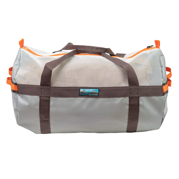 Gray duffel bag with brown straps and orange accents on a white background