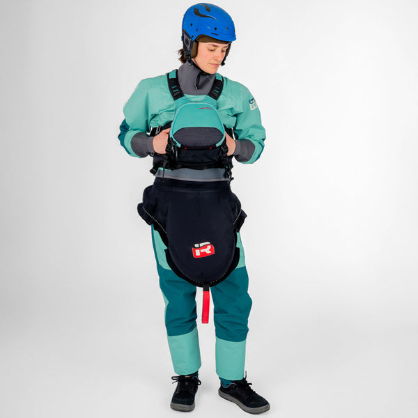 Immersion Research Aphrodite Dry Suit in Jade with Model geared up