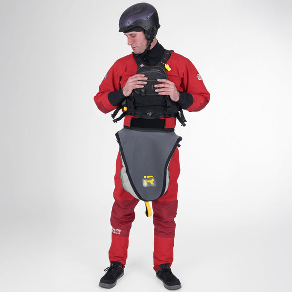 Devil's Club Dry Suit in Molten Lava with model in kayak gear