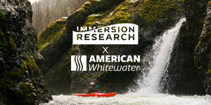 kayaker paddling by a waterfall with logo overlays for immersion research and american whitewater