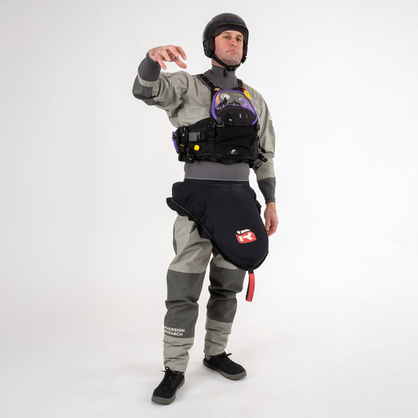 Person wearing Immersion Research 7Figure Dry Suit with kayaking gear on