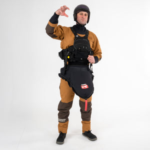 Person wearing a Devil's Club Dry Suit with kayaking gear on