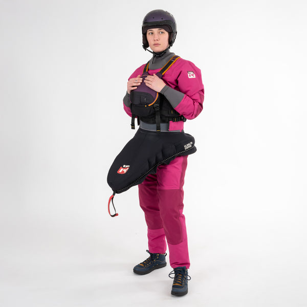 Person wearing Immersion Research Cactus Flower Dry Suit with kayaking gear