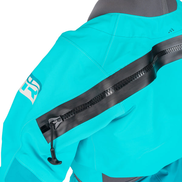 Immersion Research Women's Sahalie Dry Suit Peacock Blue rear zipper detail