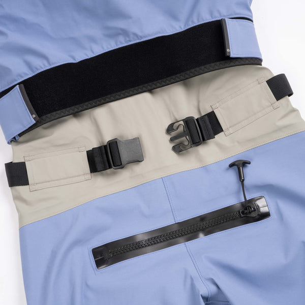 Close up view of tunnel and belt of Immersion Research Sahalie Dry Suit in Wisteria