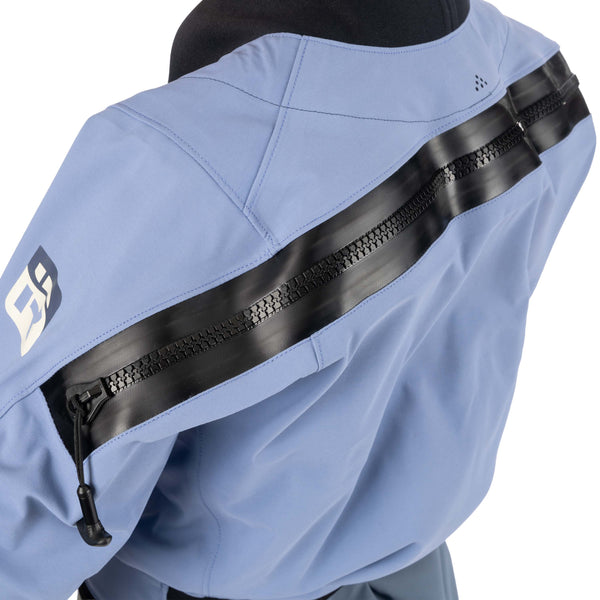 Close up view of back entry zipper of Immersion Research Sahalie Dry Suit in Wisteria