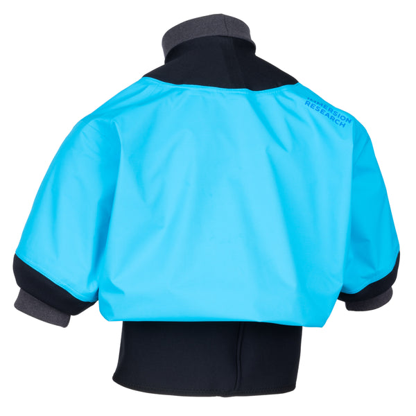 A short-sleeve paddle jacket shown from the back, featuring a bright cyan blue body with black collar, cuffs, and hem, displayed on a white background.