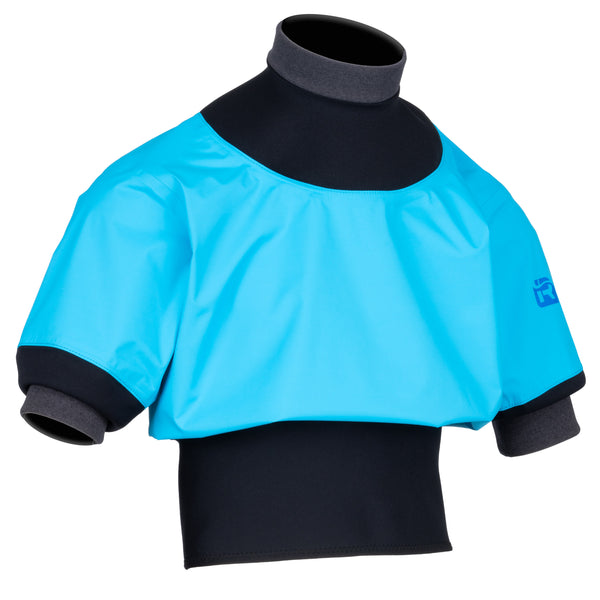 A short-sleeve paddle jacket in bright atomic blue with black trim at the collar, cuffs, and bottom hem, displayed on a black mannequin torso against a white background.