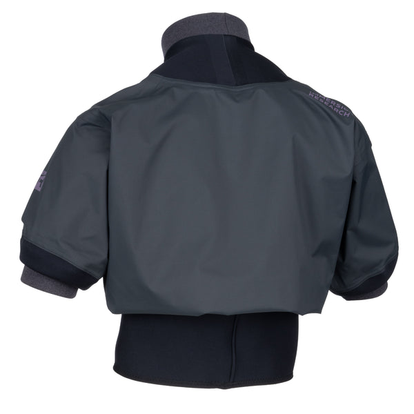 Back view of a black paddle jacket displayed on a white background.