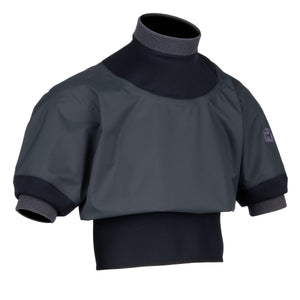A dark gray and black short-sleeve paddle jacket with a mock neck, displayed on a white background.