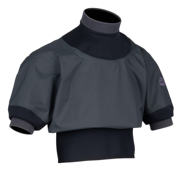 A dark gray and black short-sleeve paddle jacket with a mock neck, displayed on a white background.