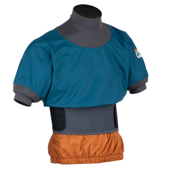 A short-sleeve paddle jacket in teal blue with neoprene neck and bicep gaskets and an orange tunnel displayed against a white background.