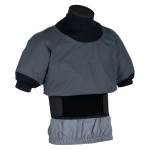 A short-sleeve paddle jacket in dark grey with neoprene neck and bicep gaskets and light grey tunnel displayed against a white background.