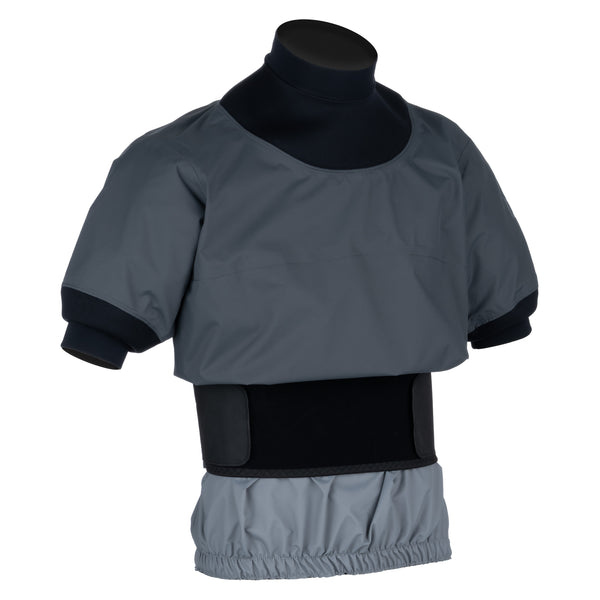 A short-sleeve paddle jacket in dark grey with neoprene neck and bicep gaskets and light grey tunnel displayed against a white background.