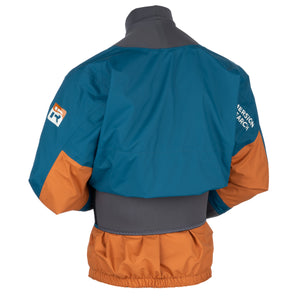 Back view of a paddle jacket on a mannequin, featuring a teal blue upper body, orange lower sleeves and tunnel, and a dark gray collar and waistband. 