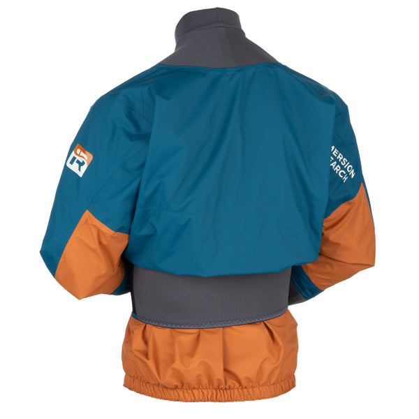 Back view of a paddle jacket on a mannequin, featuring a teal blue upper body, orange lower sleeves and tunnel, and a dark gray collar and waistband. 