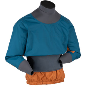 A teal and gray long-sleeve paddle jacket displayed on a mannequin torso, with an orange tunnel cover and gray cuffs, shown against a plain white background.