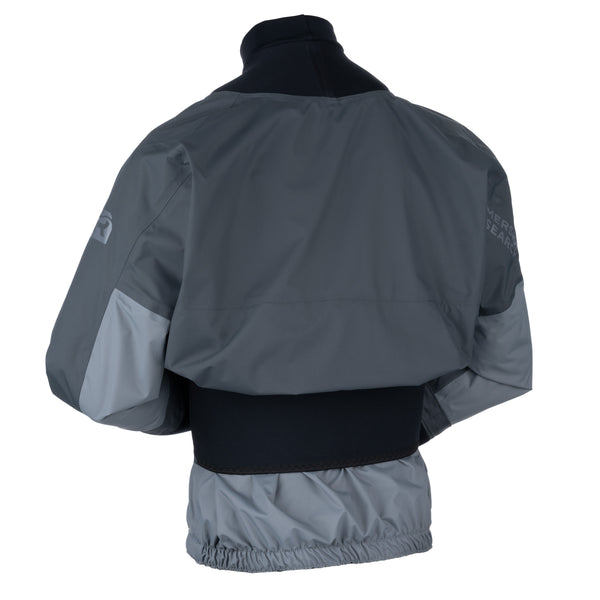 A dark gray and black paddle jacket shown from the back, featuring color-blocked light gray sleeves and lower hem, photographed on a white background.