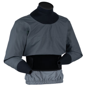 A dark gray and black long-sleeve paddle jacket on a mannequin against a plain white background.