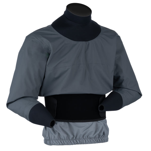 A dark gray and black long-sleeve paddle jacket on a mannequin against a plain white background.