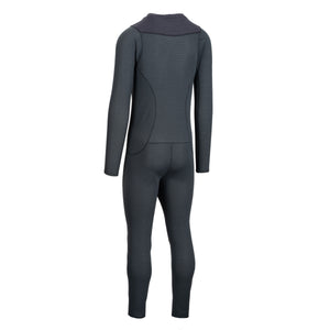 A dark gray full-body suit shown from the back, featuring long sleeves and integrated leg warmers, displayed on a clean white background.