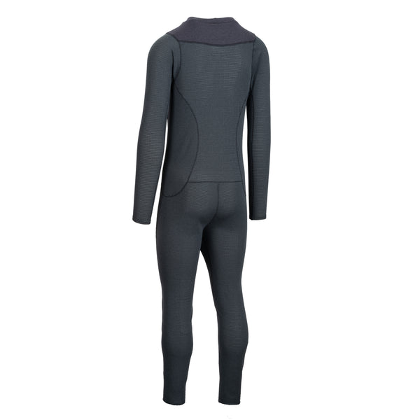 A dark gray full-body suit shown from the back, featuring long sleeves and integrated leg warmers, displayed on a clean white background.