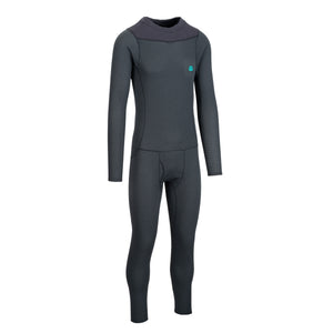 A dark gray full-body fleece suit with long sleeves and integrated leg warmers, featuring a contrasting dark charcoal neck panel and a small teal logo on the left chest, displayed on a solid white background.