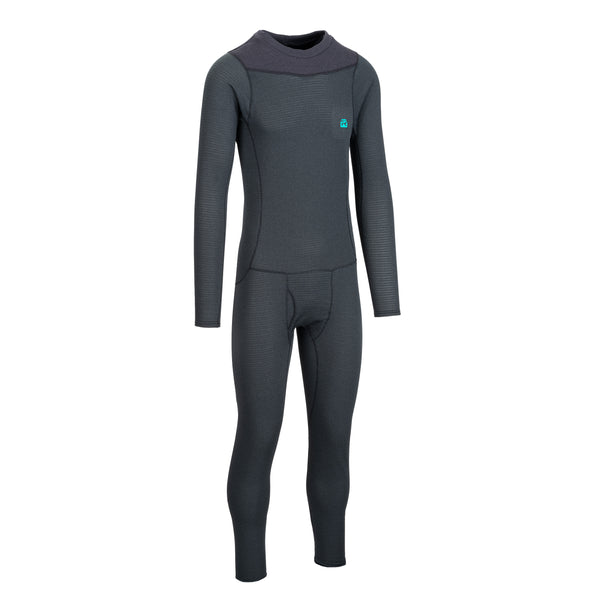 A dark gray full-body fleece suit with long sleeves and integrated leg warmers, featuring a contrasting dark charcoal neck panel and a small teal logo on the left chest, displayed on a solid white background.