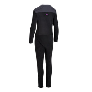 A black full-body fleece suit with long sleeves and long pants, featuring a contrasting neoprene neck panel displayed on a solid white background.