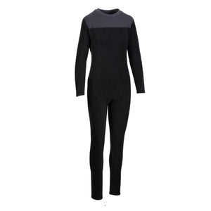 A black full-body fleece suit with long sleeves and long pants, featuring a contrasting neoprene neck panel displayed on a solid white background.