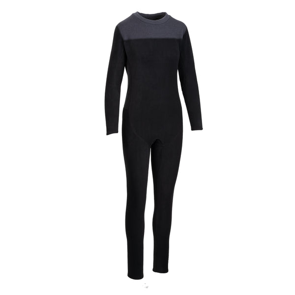 A black full-body fleece suit with long sleeves and long pants, featuring a contrasting neoprene neck panel displayed on a solid white background.