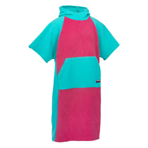 Turquoise and pink poncho with a hood on a white background