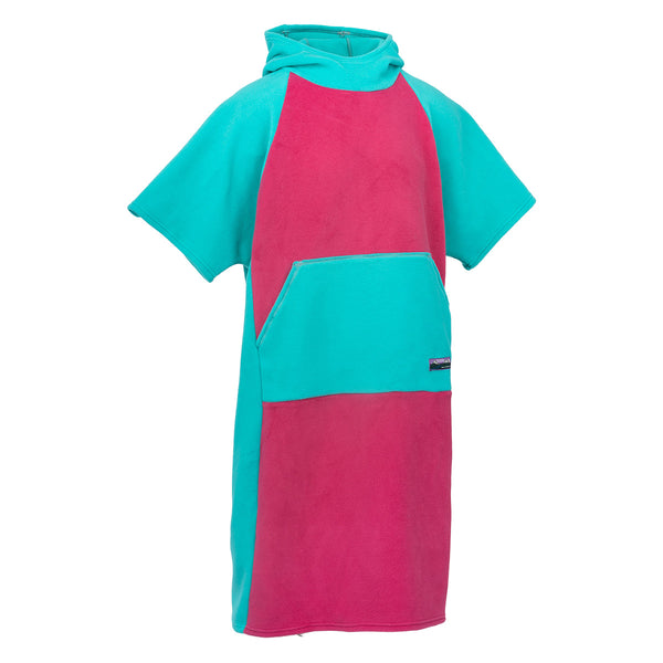 Turquoise and pink poncho with a hood on a white background