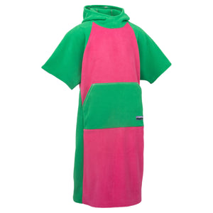 Green and pink poncho with a hood on a white background