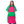 Person wearing a pink and green apron on a white background