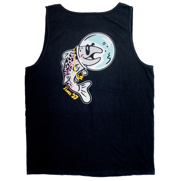 Immersion Research Black Tank Top with Cartoon of Salmon Astronaut