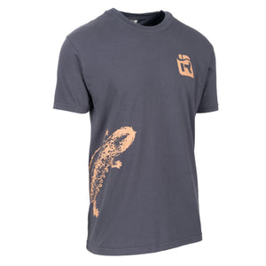 Grey tshirt with a light brown amphibian on the side of the shirt. 
